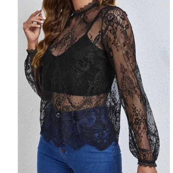 Romantic Sheer Floral lace Long sleeve Blouse - Picture 5 of 10